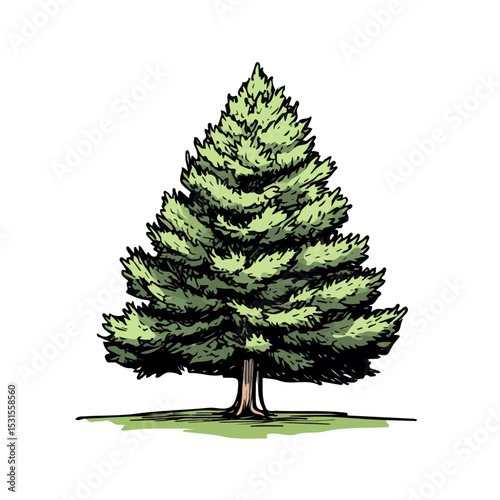 Cedar Tree Doodle illustration vector 2D flat, isolated on a white background.