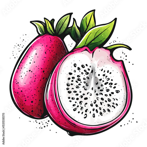 2D flat vector illustration of Dragon Fruit Doodle, isolated on a white background.