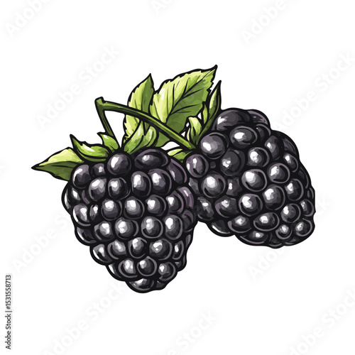 Blackberries Doodle 2D flat vector illustration, isolated on a white background.