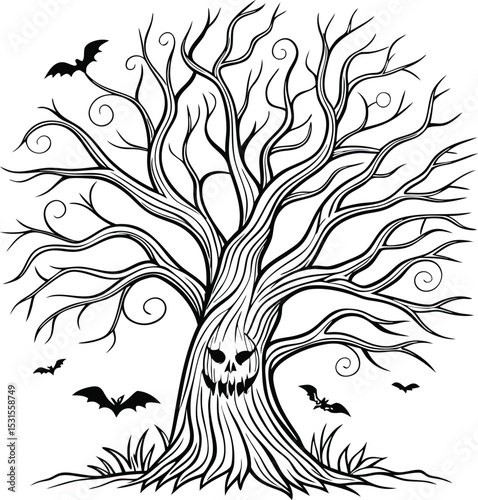 spooky haunted halloween tree with bats illustration