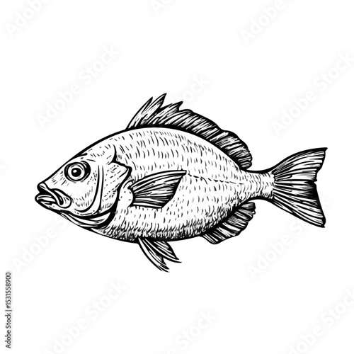 2D flat Charcoal Grilled Fish Doodle illustration vector, isolated on a white background.