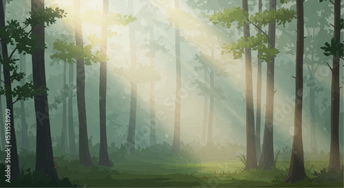 Misty forest with sunlight rays filtering through the trees  
