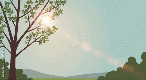 Flat vector art of a tree with sunlight shining in the background  