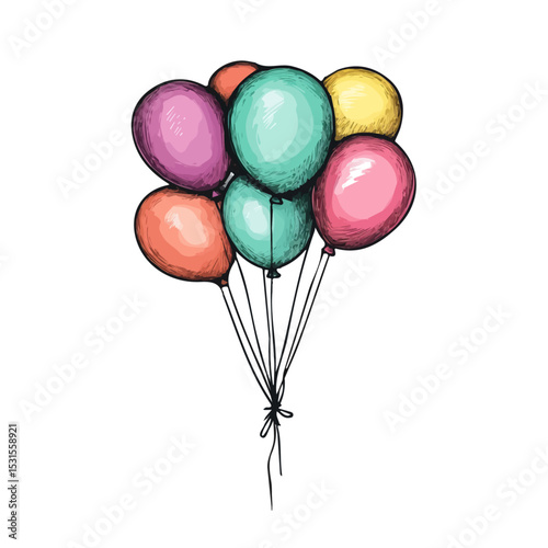 Birthday Balloons Bouquet Doodle 2D flat vector illustration, isolated on a white background.