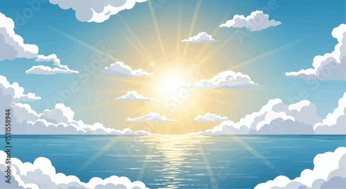 Flat vector art of sunrise over the ocean with blue sky and clouds  