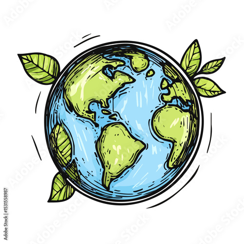 Earth Globe With Leaves Doodle illustration vector 2D flat, isolated on a white background.