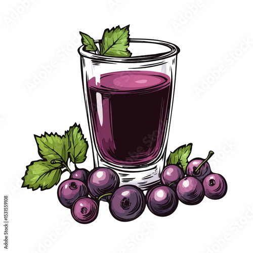 2D flat vector illustration of Blackcurrant Juice Doodle, isolated on a white background.