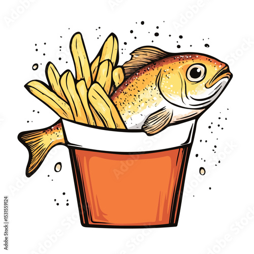Fish And Chips Doodle illustration vector 2D flat, isolated on a white background.