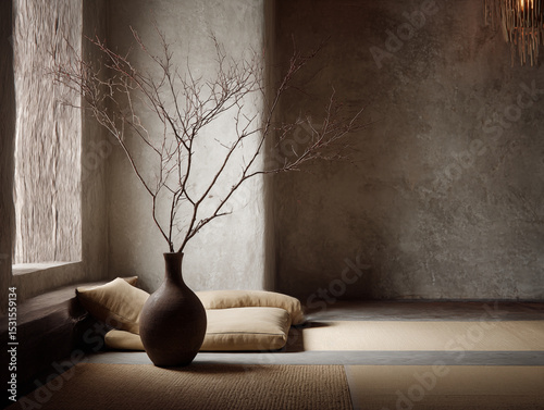 serene Wabi-Sabi meditation room with tatami mats, dried branch in a clay vase, textured walls, diffused lighting