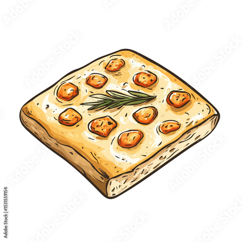Focaccia Doodle vector 2D flat illustration, isolated on a white background.