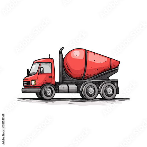 2D flat vector illustration of Concrete Mixer Truck Doodle, isolated on a white background.