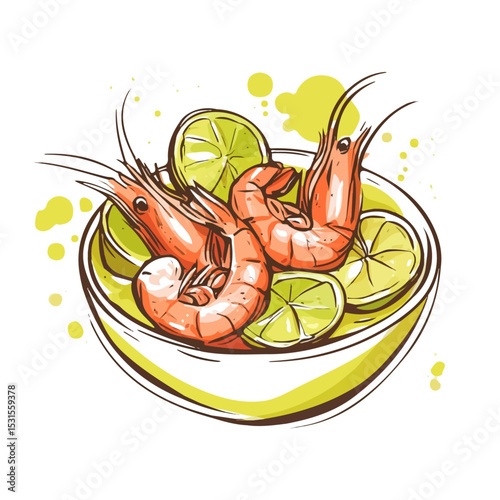 2D flat Ceviche De Camaron Doodle illustration vector, isolated on a white background.