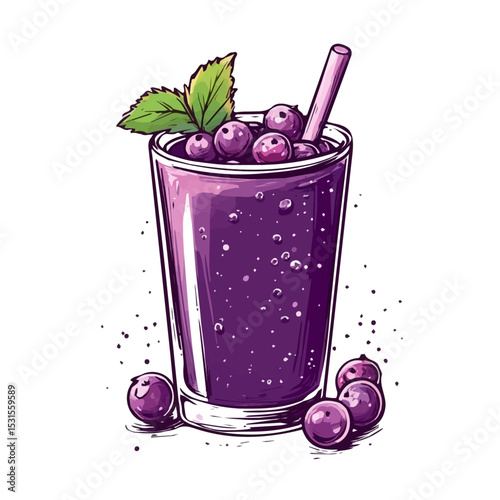 Blackcurrant Juice Doodle 2D flat vector illustration, isolated on a white background.