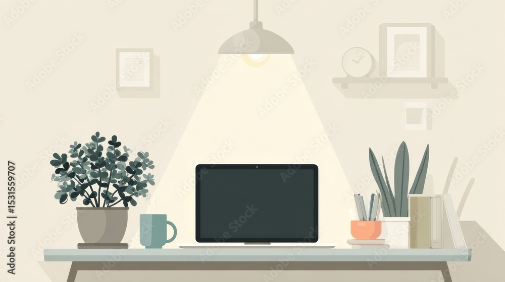 Obraz premium Work From Home Setup Essentials Infographic Including Laptop, Light, and Plant for a Productive Workspace Environment