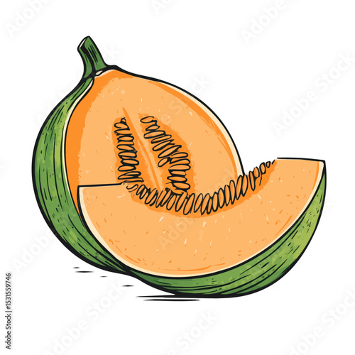 2D flat Cantaloupe Doodle illustration vector, isolated on a white background.