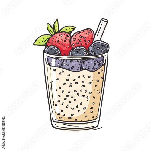 2D flat Chia Pudding Doodle illustration vector, isolated on a white background.
