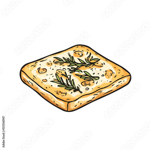 2D flat Focaccia Doodle vector illustration, isolated on a white background.
