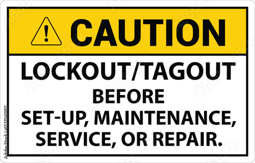 Danger Safety Label: Lockout/Tagout Before Set-Up, Maintenance, Service Or Repair sign, logo, badge, icon, sticker, label, emblem, stamp, symbol, black, line, flat vector, isolated illustration.