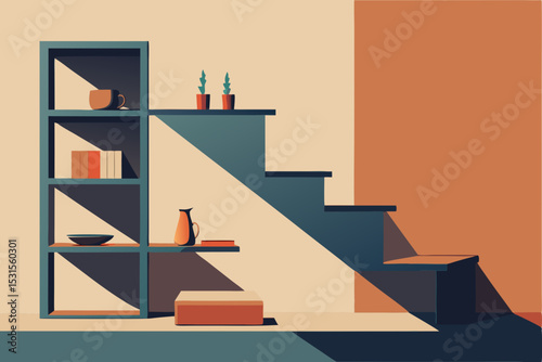 Vector illustration of modern interior design with staircase and shelving unit