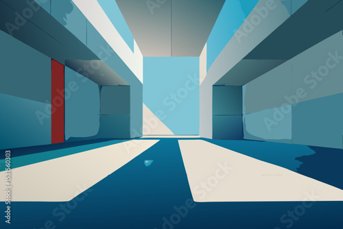 Vector illustration of a futuristic blue and white corridor with red accent