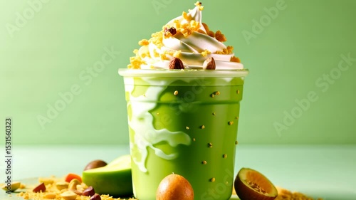 Wallpaper Mural Drinks Ice Cream, Pistachio blend, Dairy dessert. Sweet treat. Milkshake thickness varies by cream. Flavor balance enhances taste experience. Nut garnish adds aesthetic appeal. Torontodigital.ca