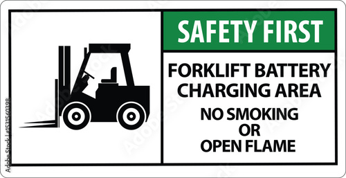 Safety First Sign Forklift Battery Charging Area, No Smoking Or Open Flame sign, logo, badge, icon, sticker, label, emblem, stamp, symbol, black, line, flat vector, isolated illustration