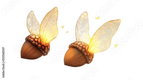 Flying radiant glowing acorn halves with tiny glowing fairy wings isolated on white background 