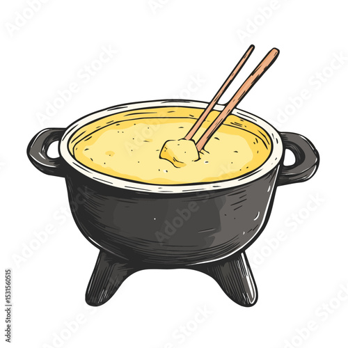 Cheese Fondue Doodle vector 2D flat illustration, isolated on a white background.