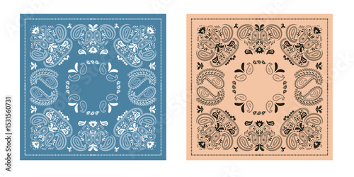 Set of western bandanas. Paisley pattern for scarves, fabric, and textile backgrounds. Retro bandana prints in blue and red tones, featuring ethnic ornaments and abstract swirls.
