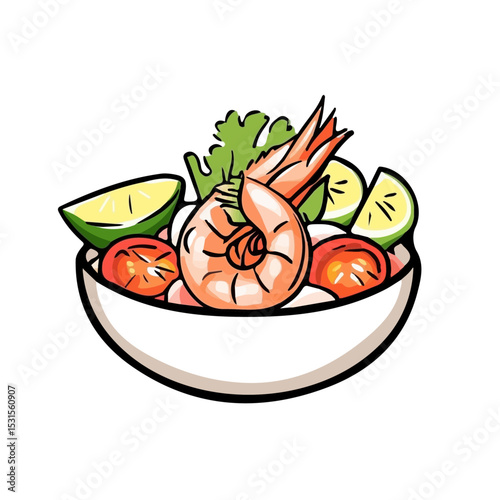 Ceviche De Camaron Doodle 2D flat vector illustration, isolated on a white background.