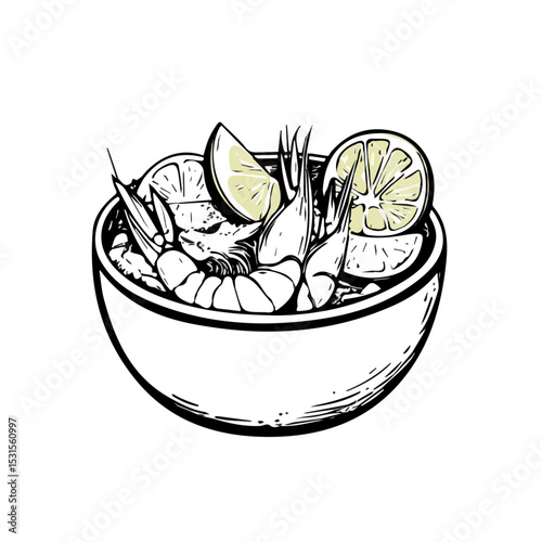 Ceviche De Camaron Doodle illustration vector 2D flat, isolated on a white background.