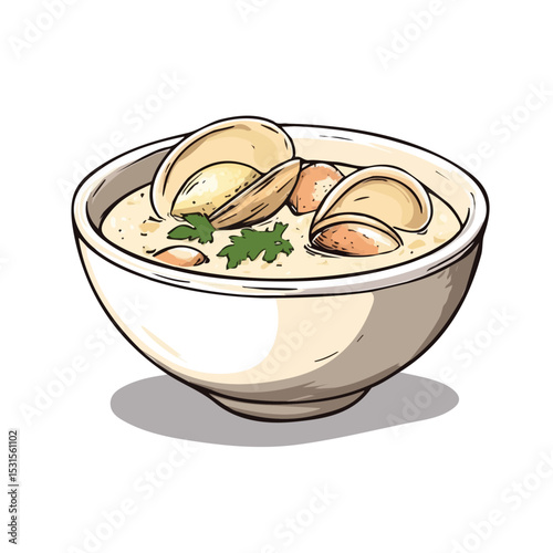2D flat Clam Chowder Doodle vector illustration, isolated on a white background.