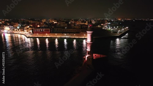 Wallpaper Mural Chania town by night, Lighthouse, Drone shot, Crete, Greece, Aerial view of Chania with the amazing lighthouse, Beautiful Old city, Greece and best scenic places - panorama of picturesque old town  Torontodigital.ca
