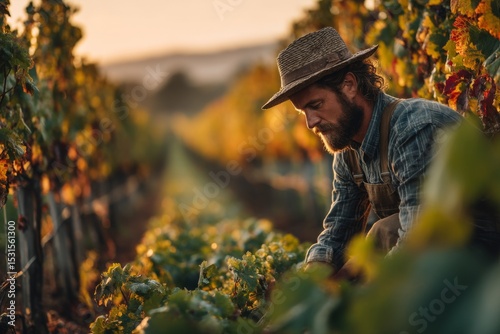 Vineyard Worker Examining Grapes at Sunset, Agricultural Expertise in Wine Country, Grape Harvesting Process, Agriculture Industry Professional