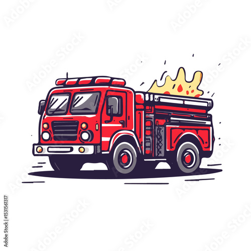 2D flat Fire Truck Doodle illustration vector, isolated on a white background.