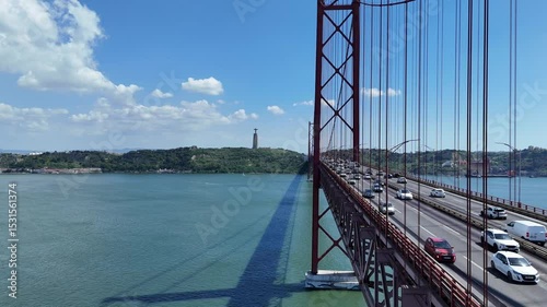 Urban drone flight under the iconic 25 de Abril Bridge in Lisbon, Portugal. Aerial scene capturing the structure’s scale, water reflections, and vibrant city energy from a dynamic, low-angle view.
