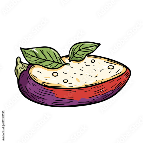Eggplant Parmesan Doodle vector 2D flat illustration, isolated on a white background.