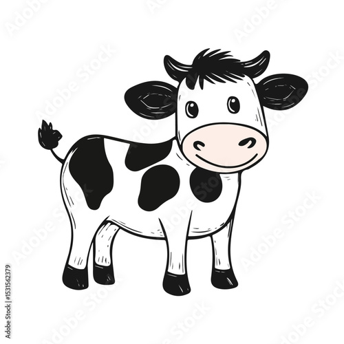2D flat Cow Doodle vector illustration, isolated on a white background.
