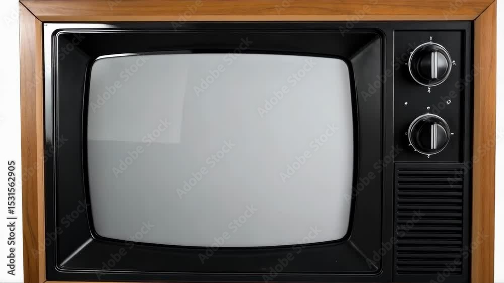 Analog Television Receiver with Wood Veneer Cabinet, Retro Style, Classic Cathode Ray Tube TV Set with Knobs and Stand on a Clean White Background