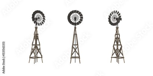 Old wild west wooden windmill water pump tower. Set of 3D illustrations from 3 angles.