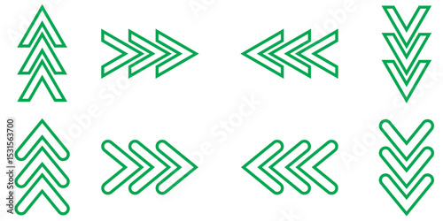 Chevron arrow patterns set. Chevron shape line. Motion direction road line. Triangle arrow sign. Warning repeat striped. Swipe icon. Design element. Vector illustration isolated on white background.