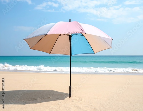 Beach umbrella with sunny day, and ocean.