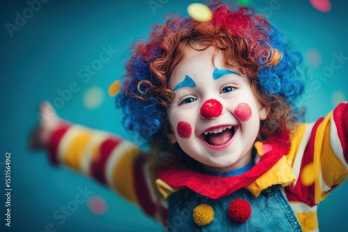 Boy in clown wig jubilantly jumps while celebrating his birthday with great enthusiasm