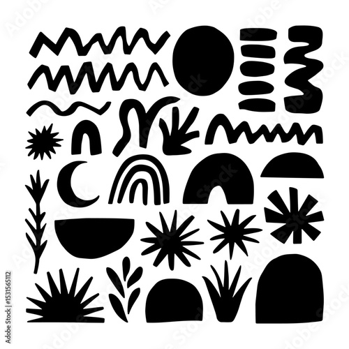 Black Natural Layout. A highly stylized abstract layout filled with plant silhouettes, wavy lines, and sun elements in bold black vector.
