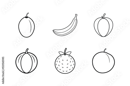 Fresh assorted fruits collection set five tropical healthy produce Line Art Vector illustration