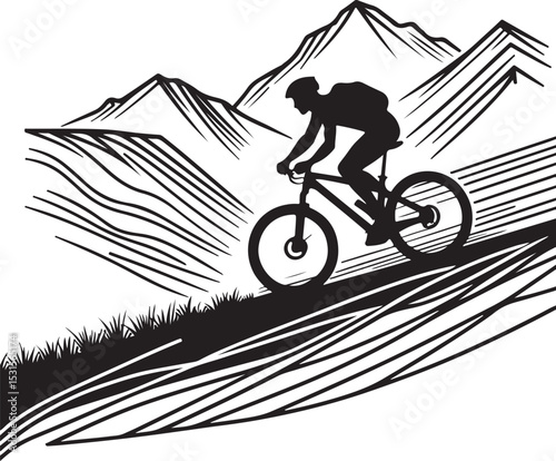 PrintCyclist Riding on a Mountain Trail with Motion Lines Adventure Sports Silhouette Vector  new 2025 trendy unique