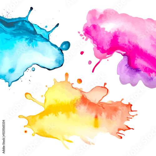 Watercolor Collision with Bright Hues. Splashes of yellow, blue, and magenta meet in a dynamic and colorful abstract artwork, full of movement and spontaneity.