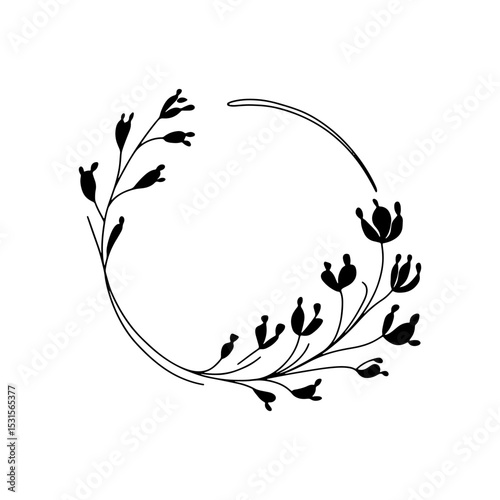 Black Botanical Wreath with Tulip Motif. A bold black floral wreath with stylized tulips and dense foliage. Ideal for modern branding, cards, and packaging.