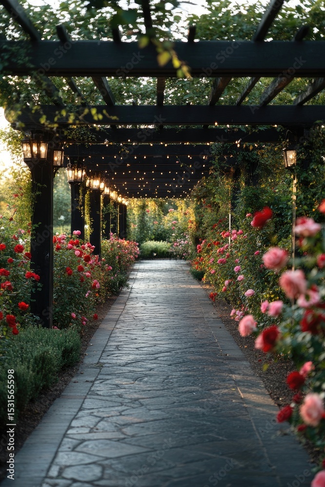 Rose garden walkway under pergola Rose garden walkway under pergola