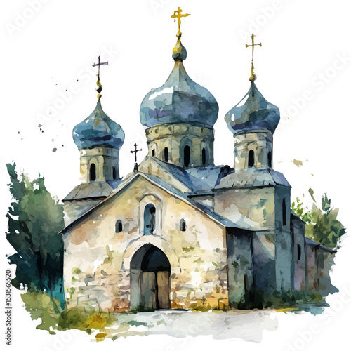 Monasteries, watercolor clipart vector, isolated on a white background.